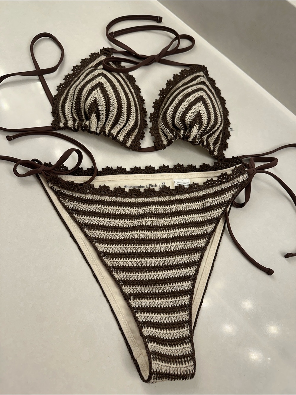 Abercrombie & Fitch Brown and Cream Crochet Tie-Side Bikini